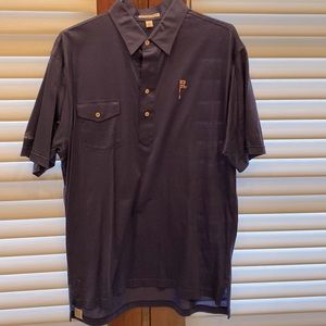 Peter Millar-Mens Golf Shirt (size large) with Pocket, Flags,Bank Logo on Sleeve